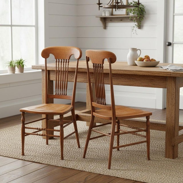 1900 - 1909 Antique Oak Spindle Chairs-Tooled Leather Seats-1900s Restored-Farmhouse-Rustic For Sale - Image 5 of 11