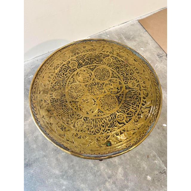 Mid 20th Century Vintage French Oak Bobbin Leg Table W/Moroccan Brass Top For Sale - Image 5 of 12