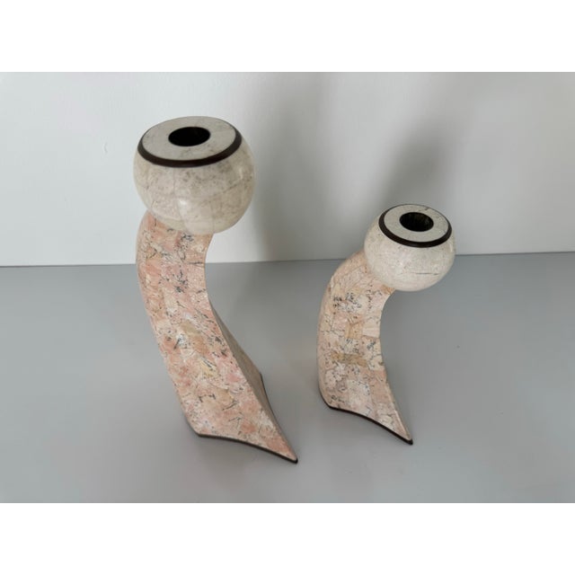 Postmodern 1980’s Postmodern Maitland Smith–Style Tessellated Stone & Brass Inlaid Sculptural Candle Holders – A Pair For Sale - Image 3 of 11