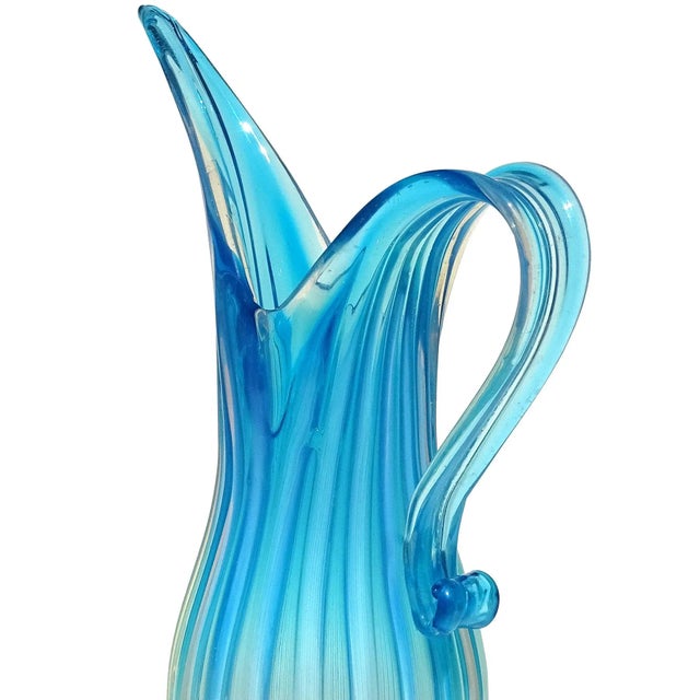 Mid-Century Modern Vintage Murano Fratelli Toso Tall Opalescent Sky Blue White Fade Italian Ribbed Art Glass Pitcher Flower Vase For Sale - Image 3 of 10