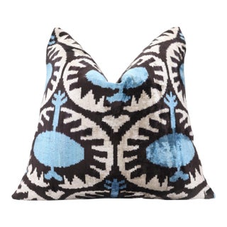 Blue Black Geometric Silk Velvet Pillow – 20x20 Handmade Ikat Throw Cushion For Sale
