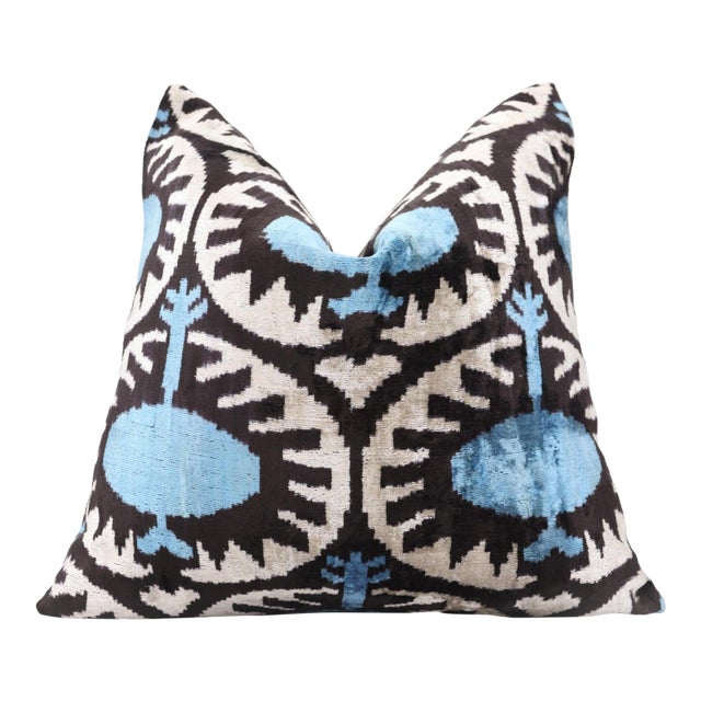 Blue Black Geometric Silk Velvet Pillow – 20x20 Handmade Ikat Throw Cushion For Sale