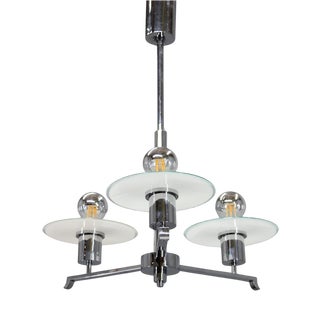 Art Deco Chrome and Sandblasted Glass Chandelier, 1940s For Sale