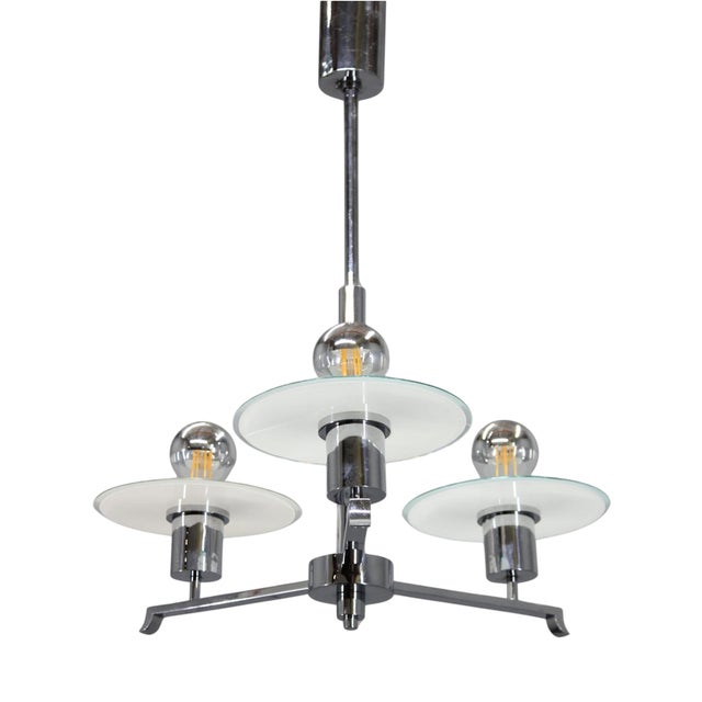 Art Deco Chrome and Sandblasted Glass Chandelier, 1940s For Sale