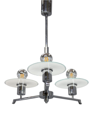 Art Deco Chrome and Sandblasted Glass Chandelier, 1940s