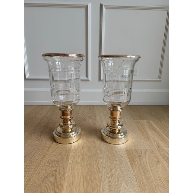 A pair of discontinued Glen Plaid hurricane candleholders by Ralph Lauren Home, dating to the 1990s. Each substantial...