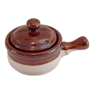 Vintage Stoneware Brown Drip Glaze Bowl With Handle and Lid For Sale