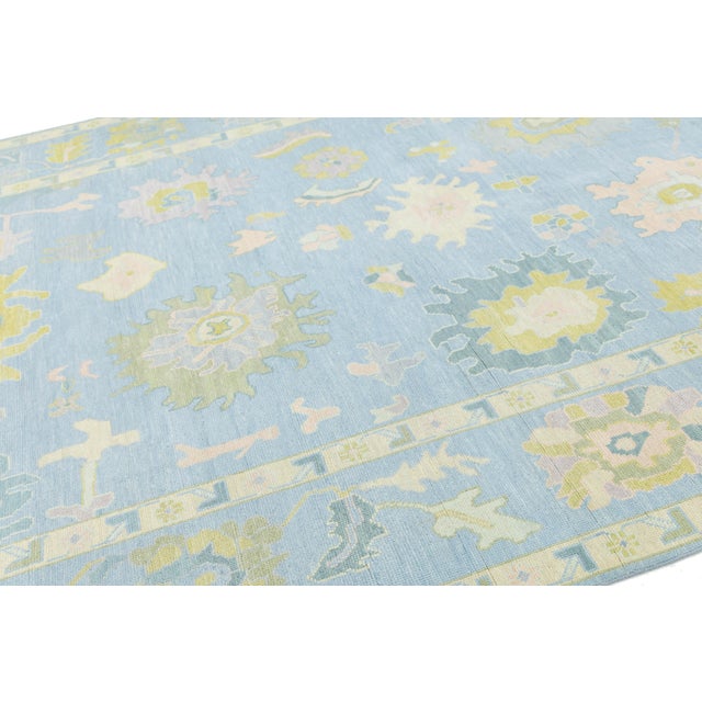 2020s Modern Oushak Style Hand-Knotted Wool Area Rug - Powder Blue & Citron Floral For Sale - Image 5 of 10