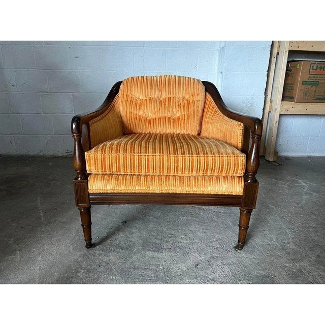 Hollywood Regency Pair of Vintage Hollywood Regency Style Mahogany Inlaid Club Lounge Armchairs by Statesville Club For Sale - Image 3 of 12