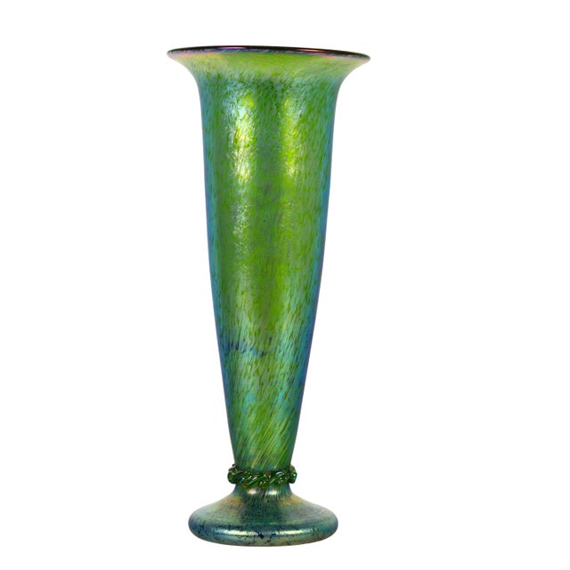 Loetz Blue Green Iridescent Art Glass Trumpet Vase For Sale - Image 9 of 9