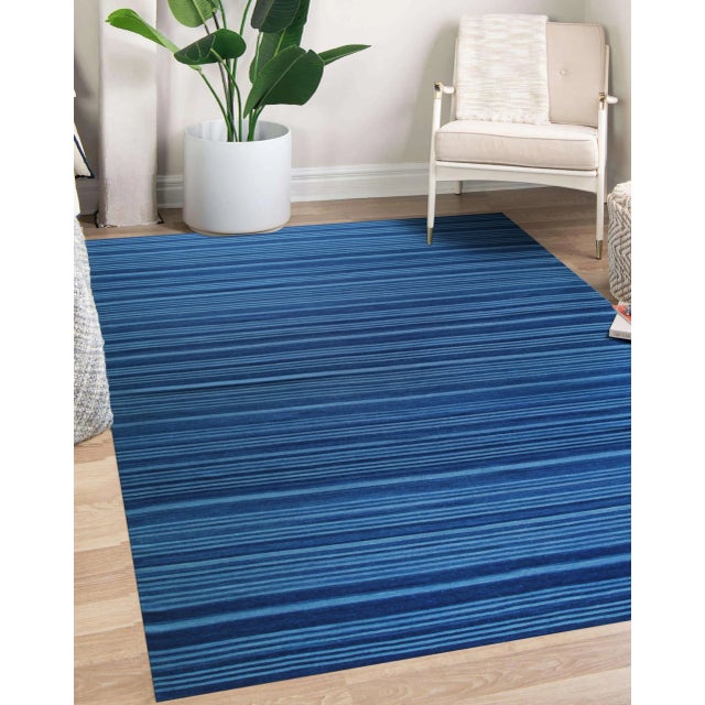 Contemporary 10x14 Para Penelope Blue Stripe Geometric Flatweave Wool Carpet Rug For Sale - Image 3 of 8