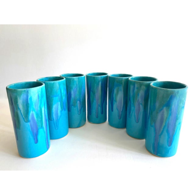 Mid-Century Modern Vintage Mid Century Modern Dryden Studio Art Pottery Drip Glaze Ceramic Tumbler Cups - Set of 7 For Sale - Image 3 of 13
