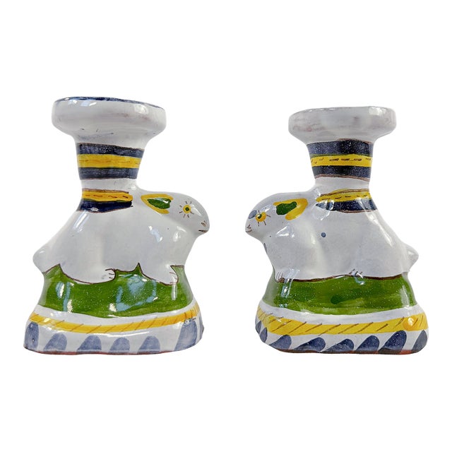 Vintage "Faiança Portuguesa" Rabbit Candle Holders - A Pair For Sale