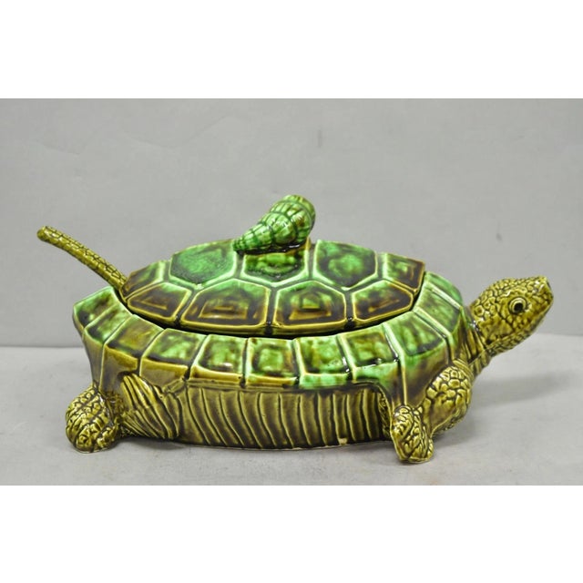Vintage Tilso Japan Mid Century Modern Green Ceramic Figural Turtle Soup Tureen For Sale - Image 11 of 17