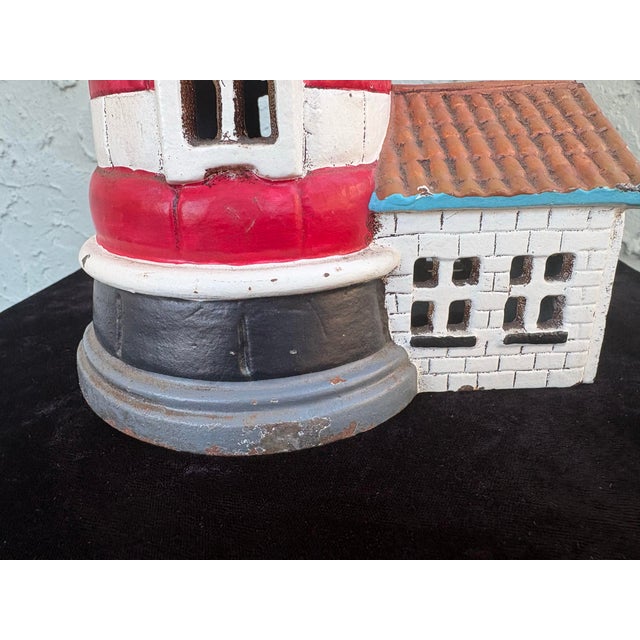 Metal Vintage Cast Iron Lighthouse Sculpture With Removable Top & Tealight Holder – Nautical Coastal Decor For Sale - Image 7 of 12