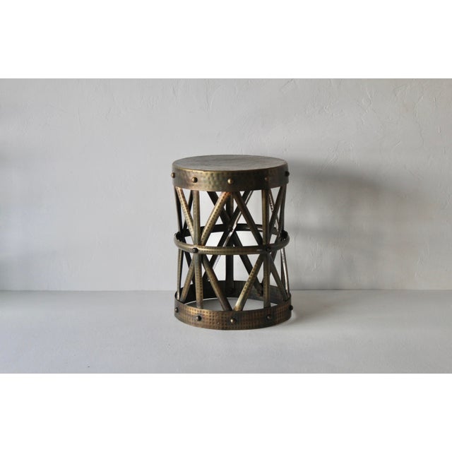 Sarreid Ltd. 1980s Sarreid Style Colonial Brass Finish Drum X Table Stool Mid-Century For Sale - Image 4 of 12