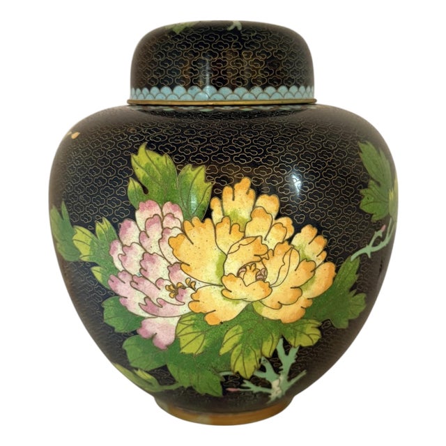 Mid 20th Century Chinese Black Cloissone 8” Lidded Ginger Jar With Colorful Peony Motif For Sale
