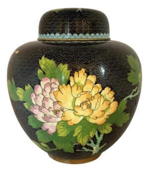 Mid 20th Century Chinese Black Cloissone 8” Lidded Ginger Jar With Colorful Peony Motif