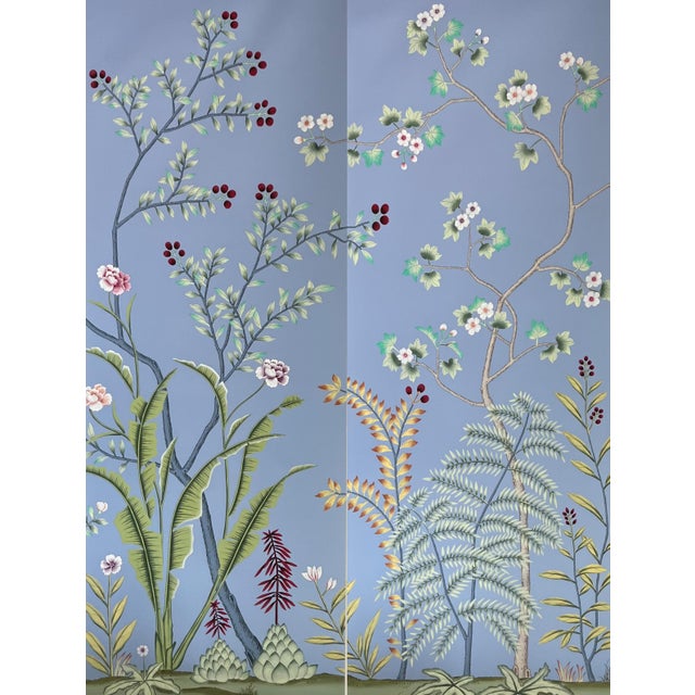 Chinoiserie Chinoiserie Tropical Hand-Painted Wallpaper Panels, Soft Blue Background With Floral & Palm Mural, Set of 6 For Sale - Image 3 of 7