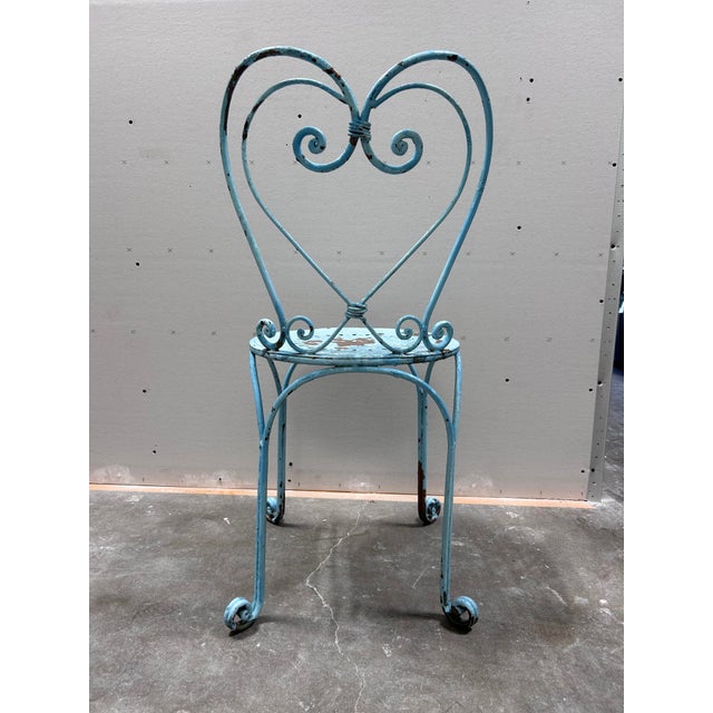 Antique French Wrought Iron Heart-Back Bistro Chairs, Pair, Original Chippy Blue Paint For Sale - Image 4 of 10