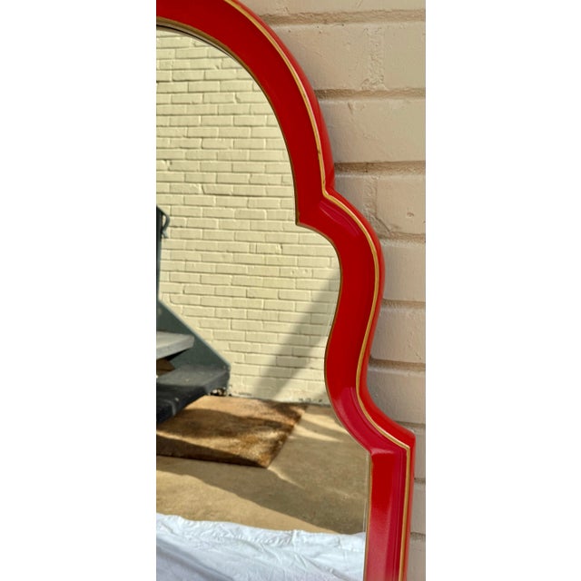 Chic Vintage Mid-Century Arched Top Wall Mirrors in Red With Gilt Accent Newly Painted - A Pair For Sale In Mobile - Image 6 of 9