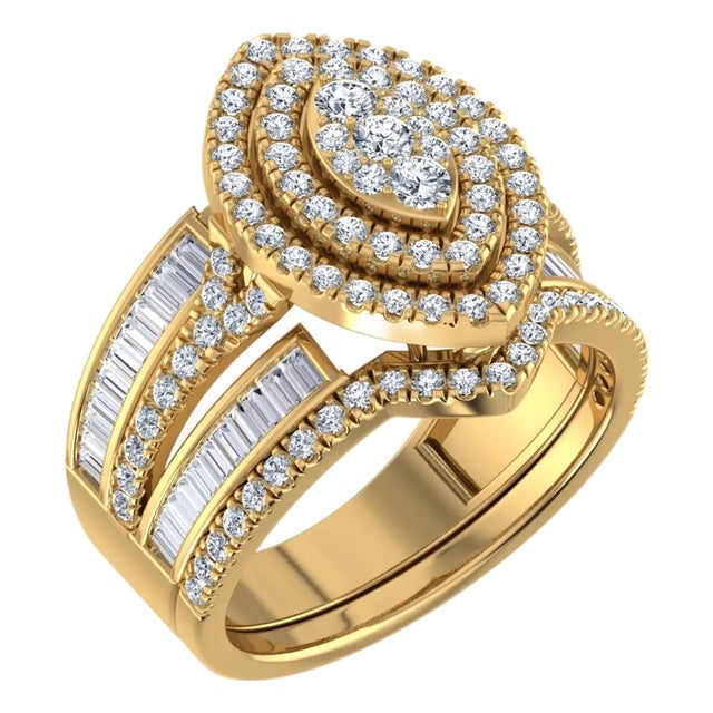 10K Yellow Gold Round Baguette Diamond Womens Designer Bridal Ring 1-3/8 Cttw, Size 7 For Sale