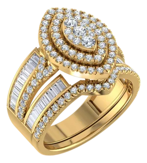 10K Yellow Gold Round Baguette Diamond Womens Designer Bridal Ring 1-3/8 Cttw, Size 7