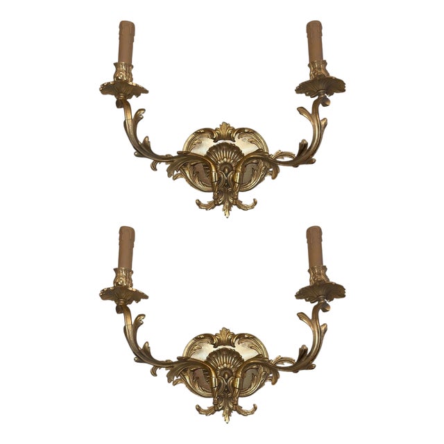 Mid 20th Century Pair of French Gilt Bronze Louis XV Style Two-Light Wall Sconces For Sale