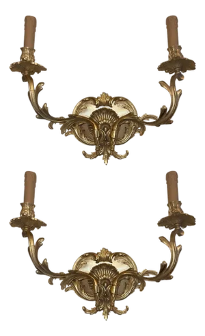 Mid 20th Century Pair of French Gilt Bronze Louis XV Style Two-Light Wall Sconces