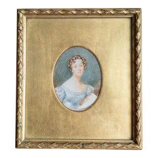 19th Century American School Miniature Watercolor Portrait of a Lady For Sale