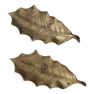 Pair of Vintage Italian Solid Brass Holly Leaf Trinket Dishes For Sale