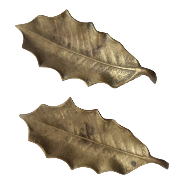 Pair of Vintage Italian Solid Brass Holly Leaf Trinket Dishes For Sale