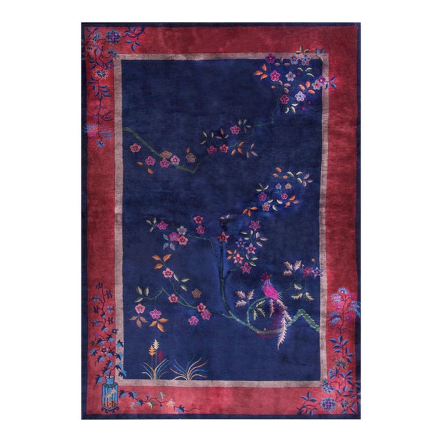 1920s Blue Navy Floral Antique Chinese Art Deco Rug 6' X 8'8" Handknotted Wool Carpet For Sale
