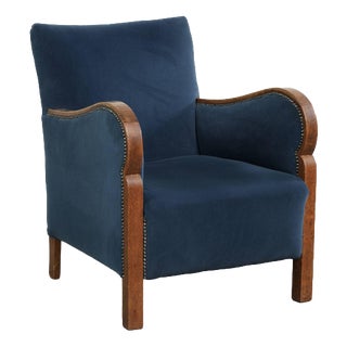 Art Deco Lounge Chair in Blue Fabric with Oak Armrests For Sale
