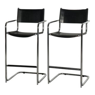 Mart Stam Cantilever Chrome Leather Bar Stools, Italian - Pair For Sale