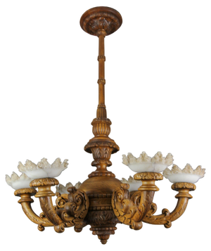 Large Carved Oak and Alabaster Chandelier, 1920s