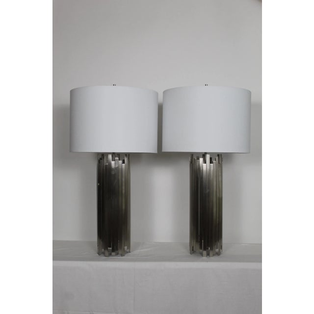Paul Mayen Influence Brushed Steel Lamps - a Pair For Sale - Image 12 of 12