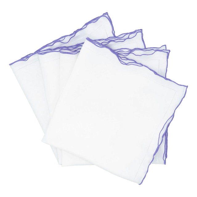 Linen Napkins With Purple Ruffled Hamdtitch Edges. Set of 4 For Sale