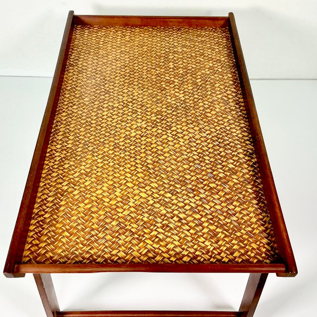 Wood 1980s Vintage Boho Chic Coastal Woven Rattan Top Wood Lap Tray For Sale - Image 7 of 15