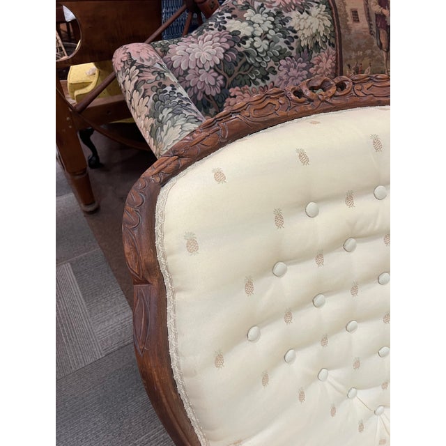 1920's Art Nouveau Carved Walnut Lounge Club Chair Pineapple Upholstery For Sale - Image 9 of 11