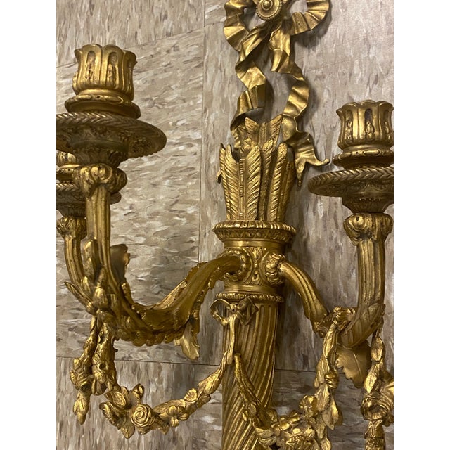 1900 - 1909 1900 Gilt Bronze Caldwell Sconces With Ribbons 3 Lights For Sale - Image 5 of 10