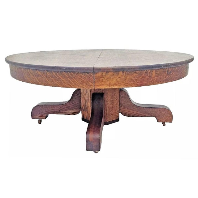 Antique 1910s Mission Quarter Sawn Tiger Oak Round Coffee Table, Arts & Crafts For Sale - Image 4 of 12