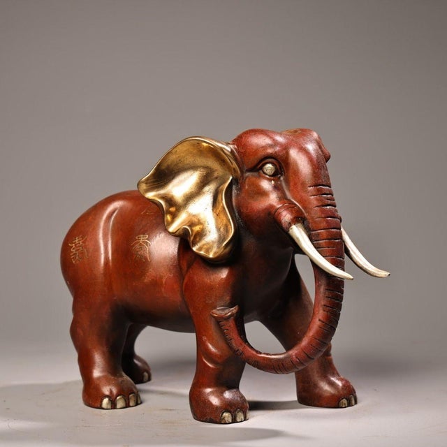 Late 20th Century Vintage Red Copper Gilt Elephant Sculpture - Asian Auspicious Statue With Inscriptions For Sale - Image 5 of 10