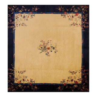 1920s Beige Foliate Floral Antique Chinese Peking Rug 13'2" X 14' Knotted Wool Carpet For Sale
