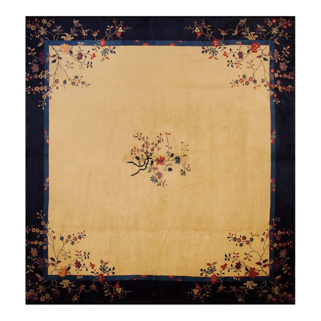 1920s Beige Foliate Floral Antique Chinese Peking Rug 13'2" X 14' Knotted Wool Carpet For Sale