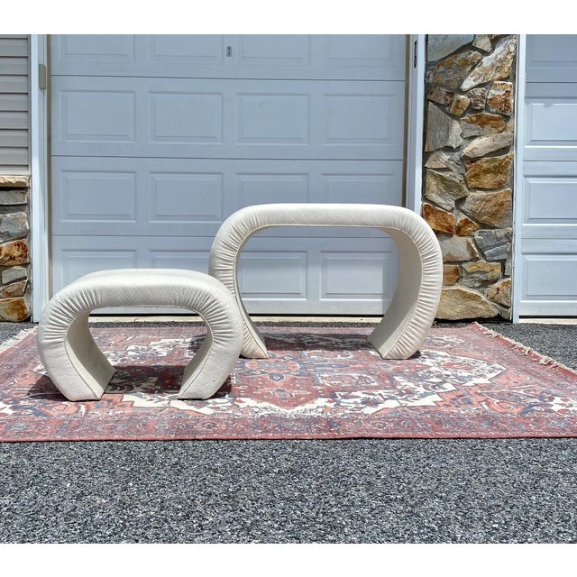 Vintage 1980s Upholstered Waterfall Table and Bench Nesting Vanity Set