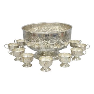 Vintage English Sheffield Kentshire Silver Plated Punch Bowl Set with 12 Footed Cup For Sale
