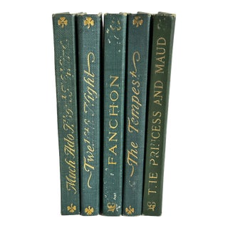 Antique Early 20th Century Set of 5 Literature Books Green & Gold Hardcover For Sale
