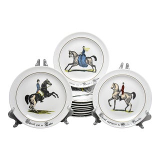 Late 20th Century Porcelaine d'Auteuil Paris France Equestrian Themed Plates, Set of 12 For Sale