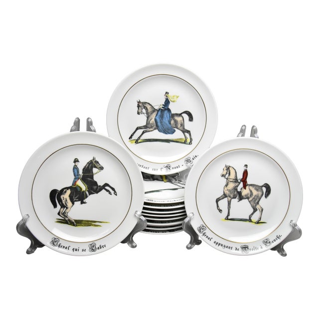 Late 20th Century Porcelaine d'Auteuil Paris France Equestrian Themed Plates, Set of 12 For Sale